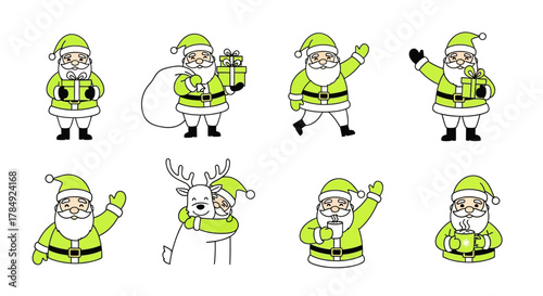 Whimsical Christmas joy with this collection of green Santa Claus characters, perfect for festive designs and spreading holiday cheer this season