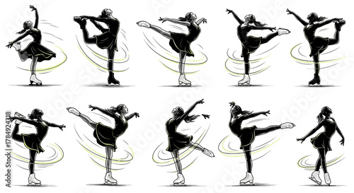 Elegant female figure skaters showcase dynamic poses and graceful movements on ice, capturing the artistry and athleticism of winter sports.