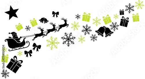 Magical Santa's sleigh ride brings joy with flying reindeer, festive gifts, snowflakes, and bells, perfect for holiday celebrations and winter magic.