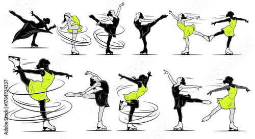 Dynamic figure skaters showcase elegant poses and graceful spins in a vibrant collection of athletic performance art.