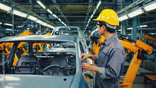 factory worker assembling car frame, wearing yellow hard hat and protective gear, automotive production line background