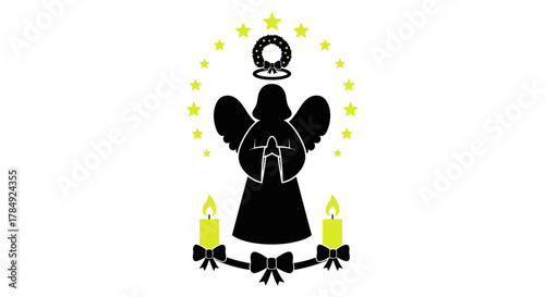 Serene angel with halo, stars, and glowing candles creates a peaceful, festive holiday atmosphere for joyful celebrations.