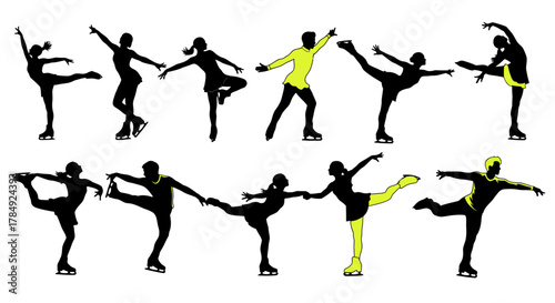 Dynamic figure skaters showcase elegant poses and athletic grace on the ice, capturing the beauty of winter sports performance and artistic expression.