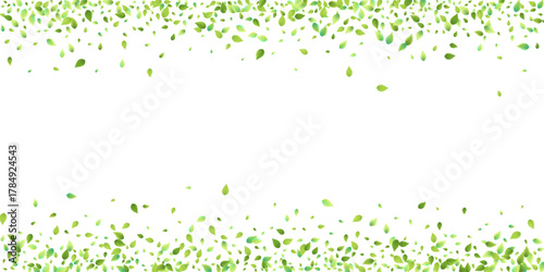 Leaves Green Falling. Spring Flying Foliage. Chaotic Leaf On White Background. Ecology Design, Nature Elements. Spring Sale Vector Illustration. Greenery Environment Backdrop.