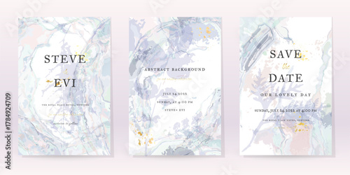 Purple Watercolor Set Vector Background. Flower Wedding Abstract Design. Gold Luxury Spray on Watercolor Marble Texture. Pastel Cold Tones Minimal Style. Frame Art For Prints and Invitations Cards.
