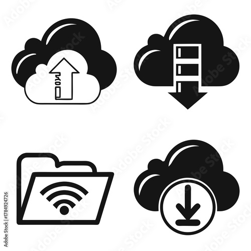 Cloud computing icons showing file transfer and folder
