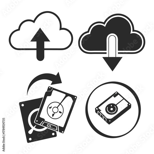 Cloud computing icons showing file transfer and hard drive