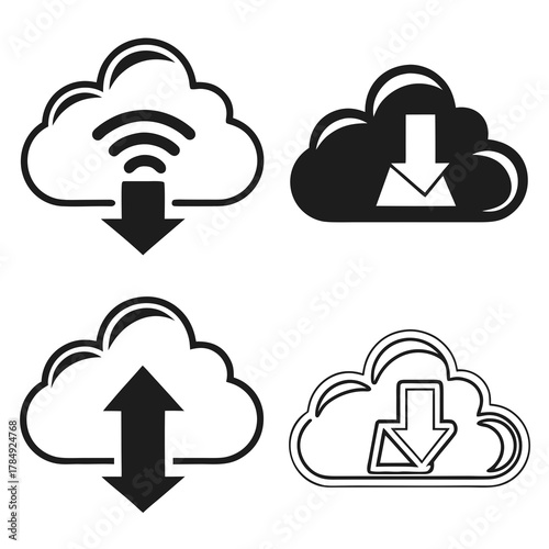 Collection of cloud computing icons showing data transfer