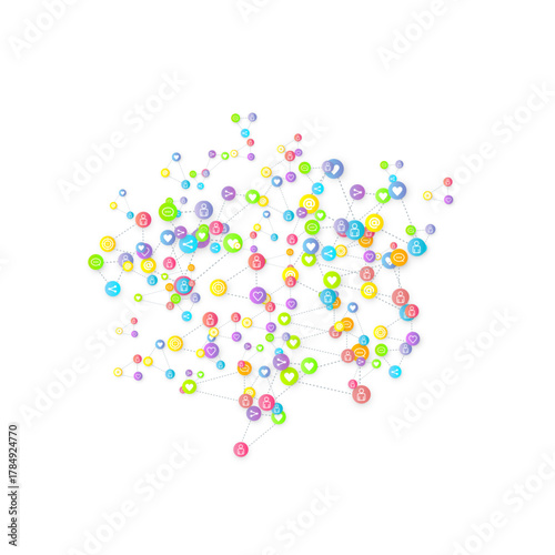 Social media marketing, Communication networking concept. Random icons social media services tags linked on white background. Comment, friend, like, share, target, message. Vector Internet concept.