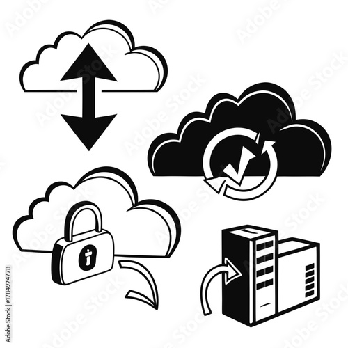 Cloud computing icons showing file transfer and security