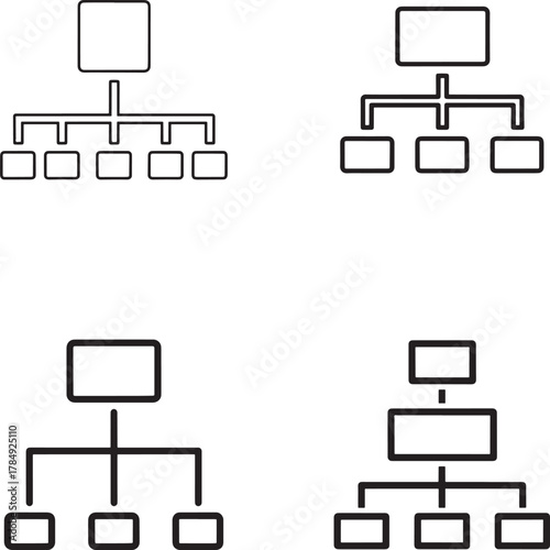 Four hand drawn organizational chart diagrams showing hierarchical structures and relationships