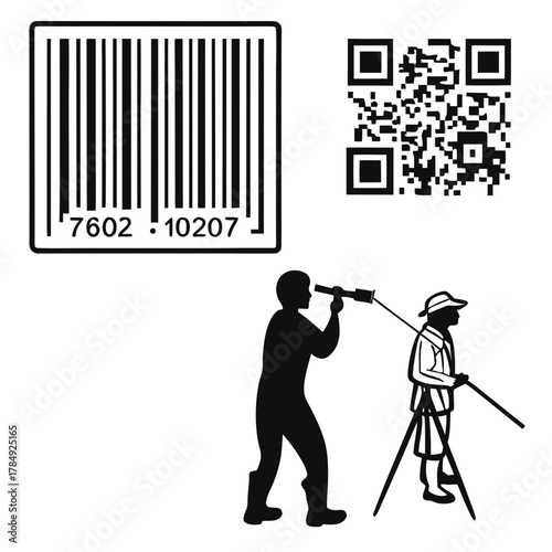 Silhouettes of surveyors with barcode and qr code