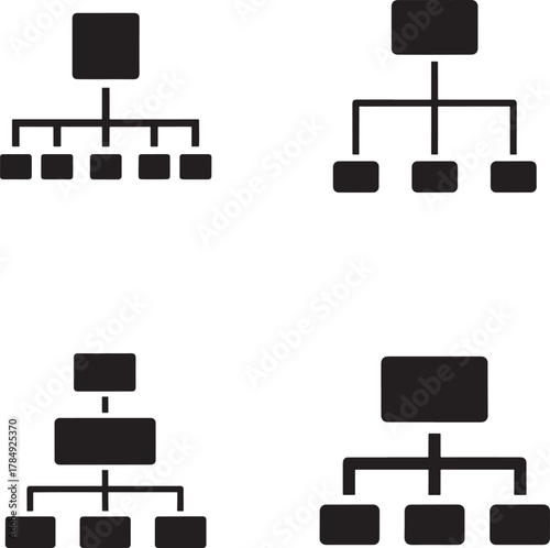 Four simple black silhouettes of organizational charts and hierarchy diagrams