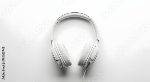 A pair of white over ear headphones laying on a white surface in a studio shot from above angle view