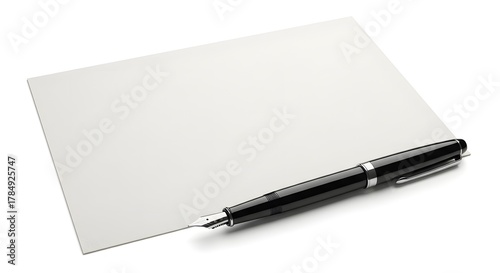 A blank white sheet of paper with a black fountain pen lying diagonally across the paper surface