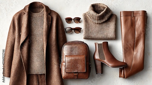A flat lay of a stylish brown autumn fashion outfit for women, including a wool coat, turtleneck sweater, leather pants, ankle boots, sunglasses, and a crocodileembossed backpack