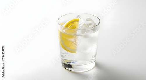 A clear glass filled with ice water and a lemon slice on a white surface in a bright setting