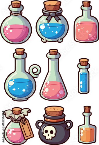 複数の液体の入った瓶のイラスト