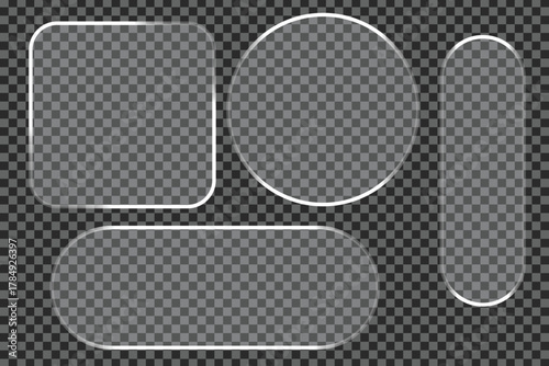 Collection of transparent glass shapes with rounded corners on a checkered background