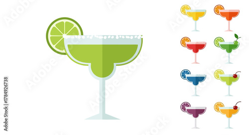 a variety of colorful cocktails in elegant glasses garnished with fruits