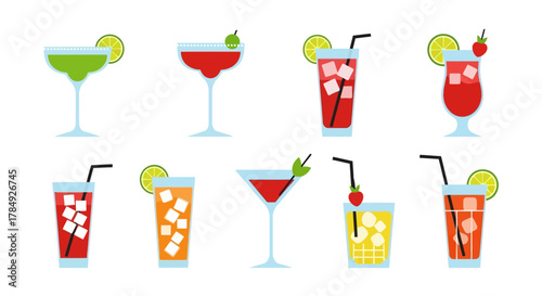 a variety of colorful cocktails in different glasses with garnishes