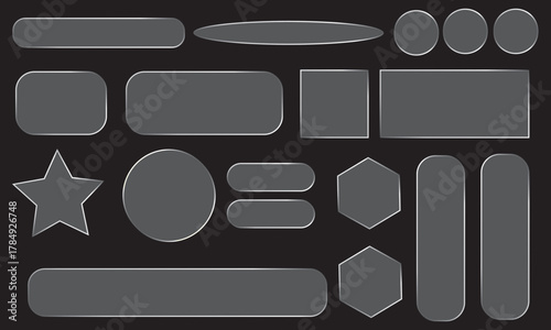 Transparent Glass UI Button Set – Square, Rectangular and Round Glass Framework Elements on Checkered Background, Vector Illustration for Web and App Design