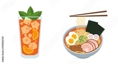 a refreshing drink beside a bowl of ramen with chopsticks