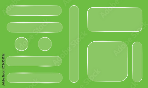 Transparent Glass UI Button Set – Square, Rectangular and Round Glass Framework Elements on Checkered Background, Vector Illustration for Web and App Design