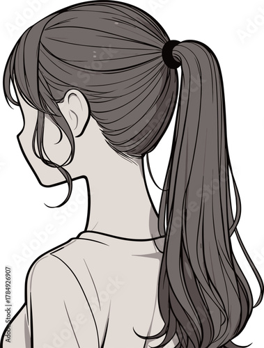 シャツ姿のポニーテール美女の後ろ姿のイラスト