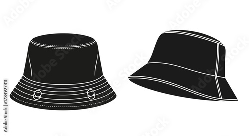 a pair of stylish black bucket hats with white stitching details