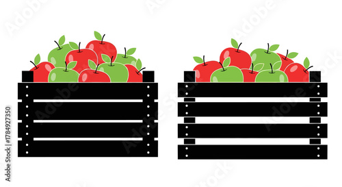 two wooden crates filled with red and green apples neatly arranged