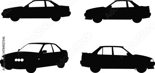 Car silhouette comparison, black vehicle icons, sedan and coupe, detailed and minimal style, automotive illustration, transport graphic, side view design