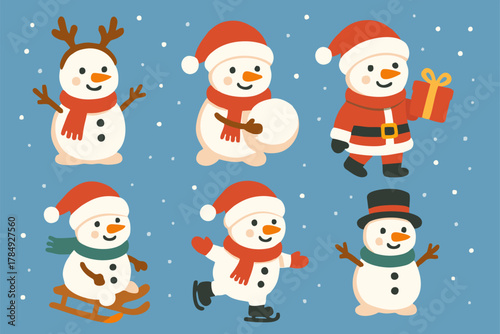 Vector Cute Snowman Set – Reindeer Antler Snowman, Circus Ball Snowman, Santa Style with Gift, Sleigh Ride, and Ice Skating Characters