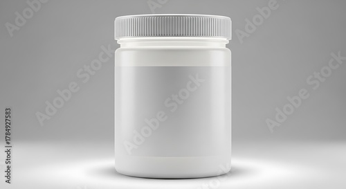 A white plastic jar with a ribbed silver lid and a blank label, isolated on white background mockup background