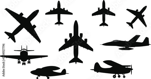 Airplane silhouettes, aviation design, aircraft comparison, jet and propeller planes, military, commercial, educational, top view, side view, front view