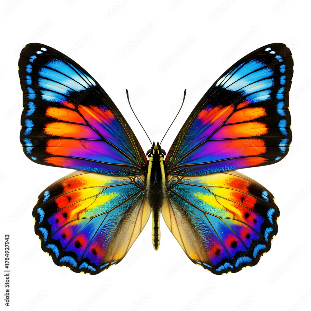 Obraz premium Vibrant rainbow butterfly with detailed wings on a black background