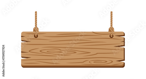 a wooden signboard hanging by ropes with natural wood grain texture