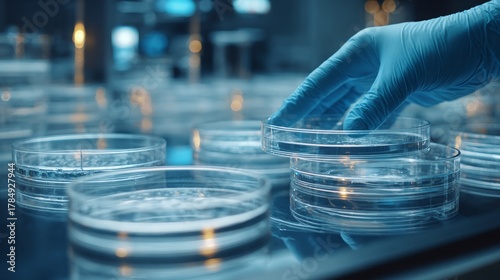 Scientist analyzing petri dish with controlled growth standards in laboratory environment close-up view of microbial culture