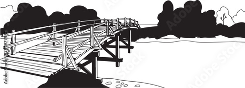 Rustic Wooden Bridge Over Water with Silhouetted Trees Illustration