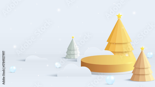 3D Golden podium with minimal christmas trees, golden ornaments and festive lights. Perfect for holiday product display or advertising background