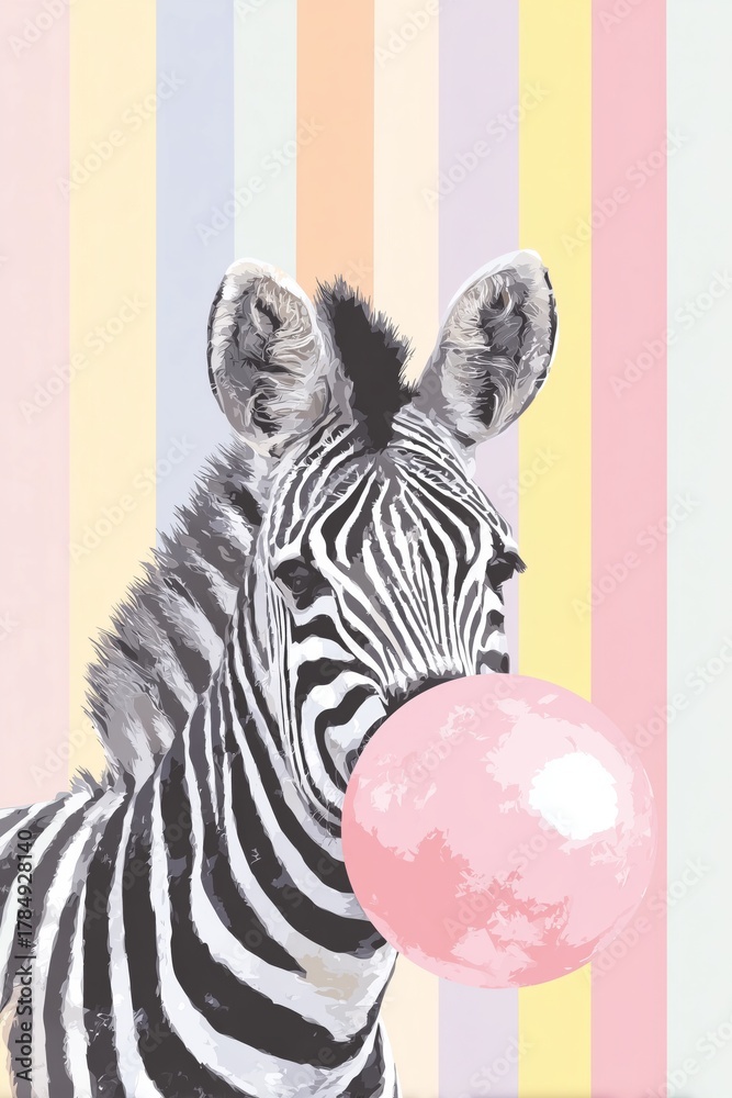 Obraz premium Zebra Blowing a Big Bubble Gum With Pastel Stripes in the Background