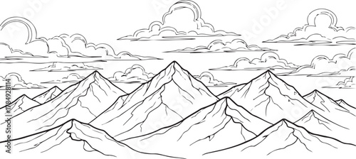 Hand-Drawn Mountain Landscape with Majestic Peaks and Clouds in Line Art Style
