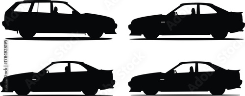 Car silhouette illustration, black vehicle profile, sedan and station wagon, driver visible, automotive design, transportation icon, minimal style, vector graphic