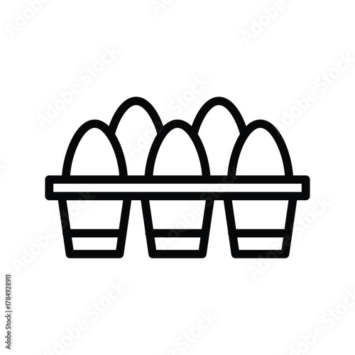 A black and white line drawing of an egg carton with five eggs inside