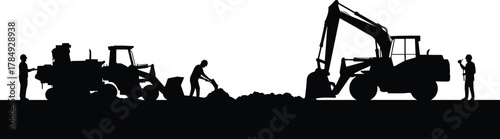 Construction site silhouette, bulldozer, loader, excavator, workers with tools, digging scene, teamwork, black vector, industrial labor, machinery, dirt piles