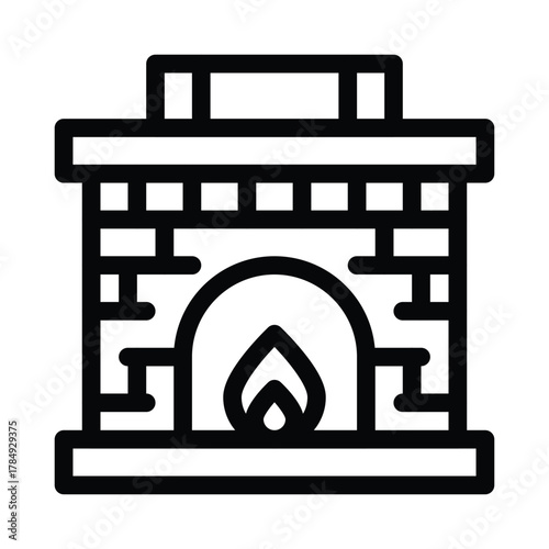 A black line drawing of a fireplace The fireplace has a rectangular mantel a brick pattern and a central opening with a flame