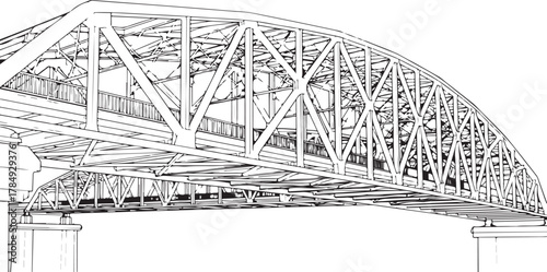 Detailed Architectural Line Drawing of an Arch Truss Bridge Structure