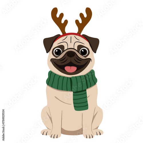 Cute Pug Dog in Christmas Reindeer Antlers Headband