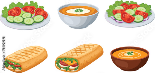 Healthy food illustration, fresh salad, vegetable soup, grilled wrap, nutritious meal, organic ingredients, lunch menu, diet concept, wellness, cooking