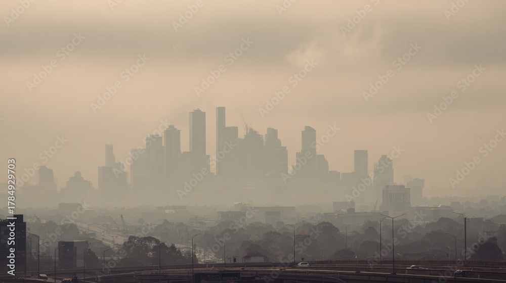 Fototapeta premium Urban Skyline Shrouded in Smog Highlighting Environmental and Health Challenges at Sunset